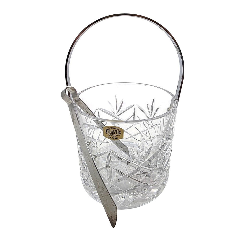 Atlantis Crystal Ice Bucket with Tongs Block Crisal Portugal Lead Cut Glass
